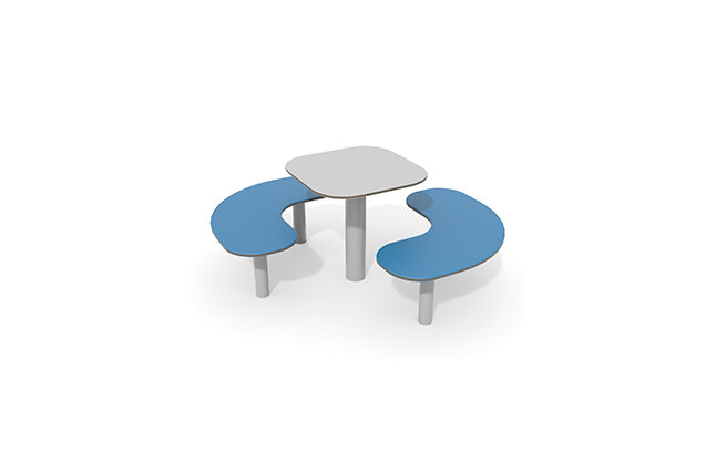 3D rendering af Utemöbel – bord med två bänkar blå