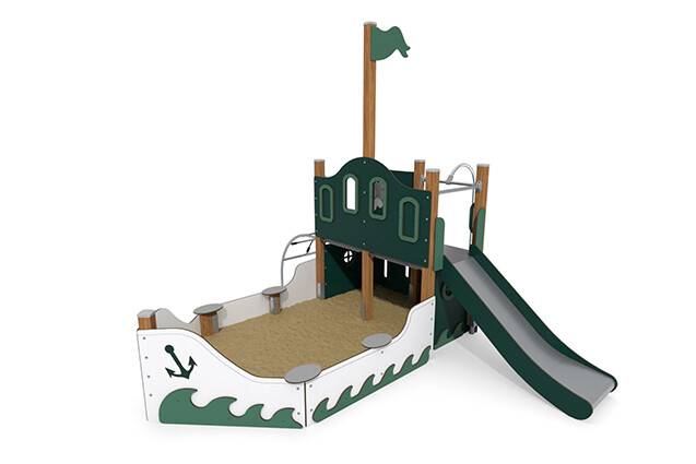 3D rendering af Lekskepp - ECO skepp med sandlåda grön