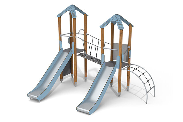 3D rendering af Lektorn - ECO dubbelt torn två rutschkanor blå