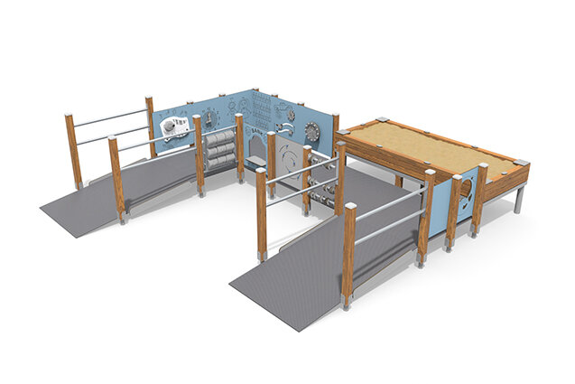 3D rendering af Lektorn - ECO lekmiljö med rullstolsramp blå
