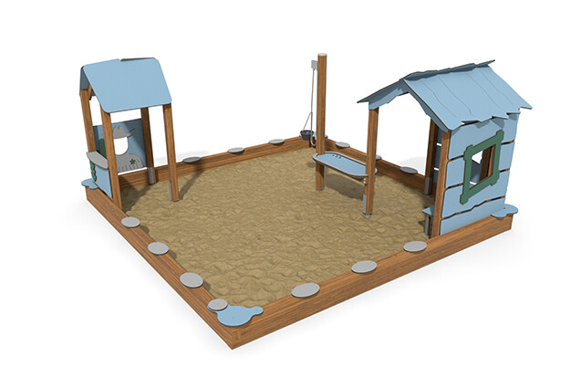 3D rendering af Sandlåda - ECO sandlådemiljö två lekstugor blå