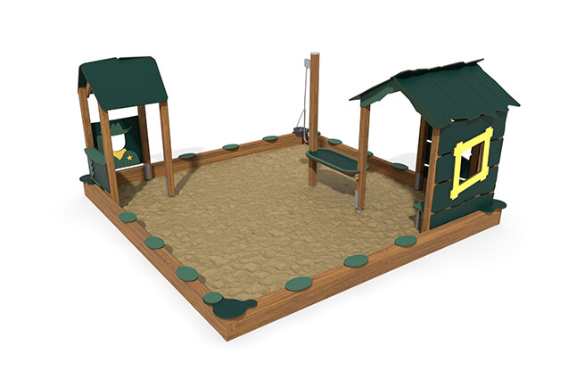 3D rendering af Sandlåda - ECO sandlåda miljö två lekstugor grön