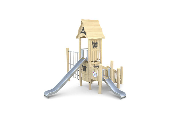 3D rendering af Lektorn - robinia med två rutschbanor