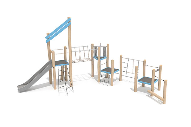 3D rendering af Lektorn - Robinia Scandic tredubbelt torn med klätternät och repbro