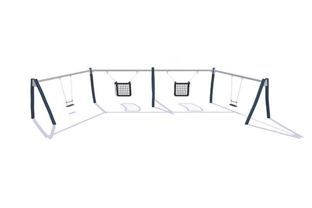 3D rendering af Gunga - gungställning halvcirkel robinia och stål 2 klassiska säten och 2 handikapp gungor h 2,4m