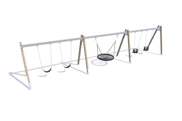 3D rendering af Gunga - gungställning kompisgunga, två sadel gungor och två baby A-ben lärk och stål h 2,1m