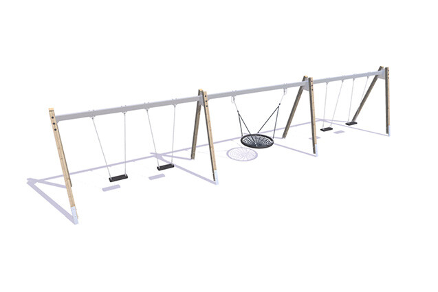 3D rendering af Gunga - gungställning fyra klassiska och kompisgunga A-ben lärk och stål h 2,1m