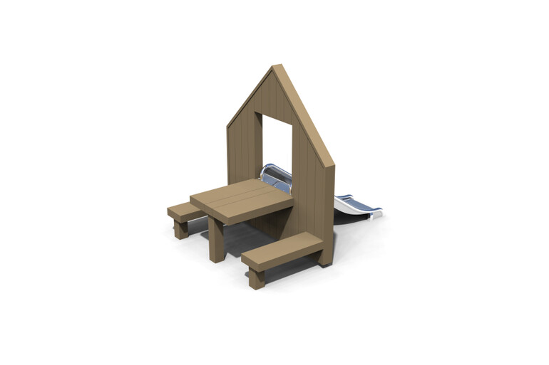 3D rendering af Lekhus - fasad m rutschkana, bord och bänk Olivia